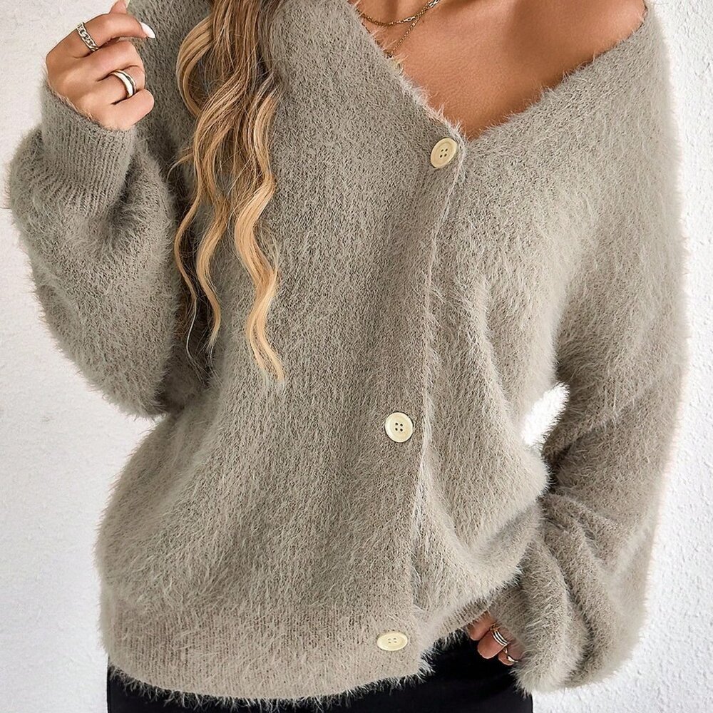 Khaki Women's Casual Long Sleeve V-Neck Cardigan with Wooden Buttons